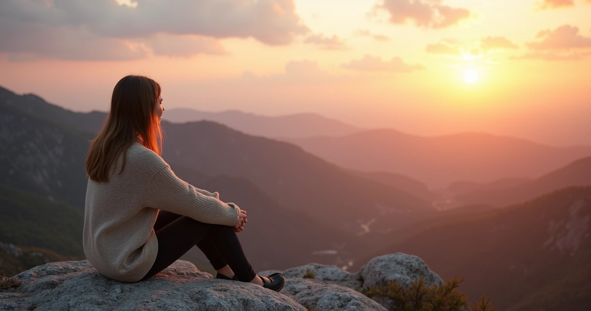Mujer sentada en una roca mirando el horizonte al atardecer 