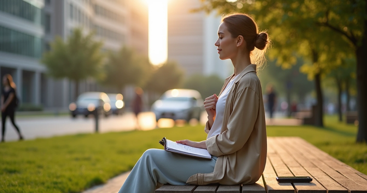 Mujer practicando autorregulación sentada en un banco urbano con cuaderno y respiración consciente 