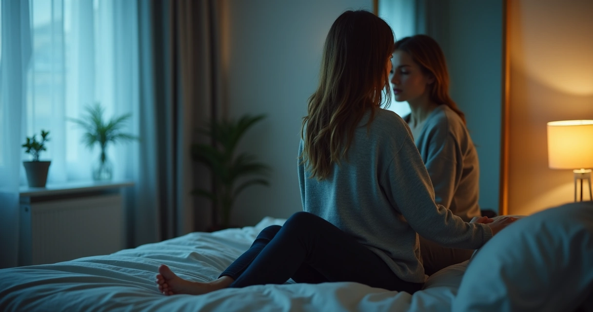 Mujer sola frente al espejo con silueta en sombra que la sostiene por los hombros 