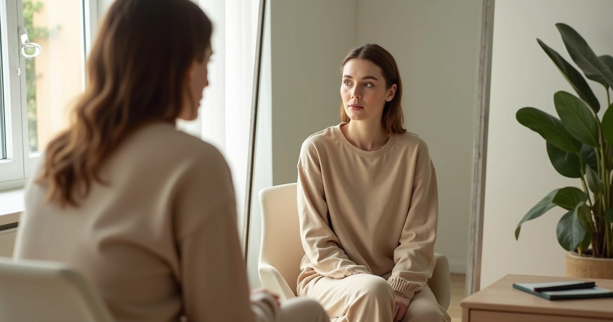 Persona reflexionando frente a un espejo con expresión serena y consciente 