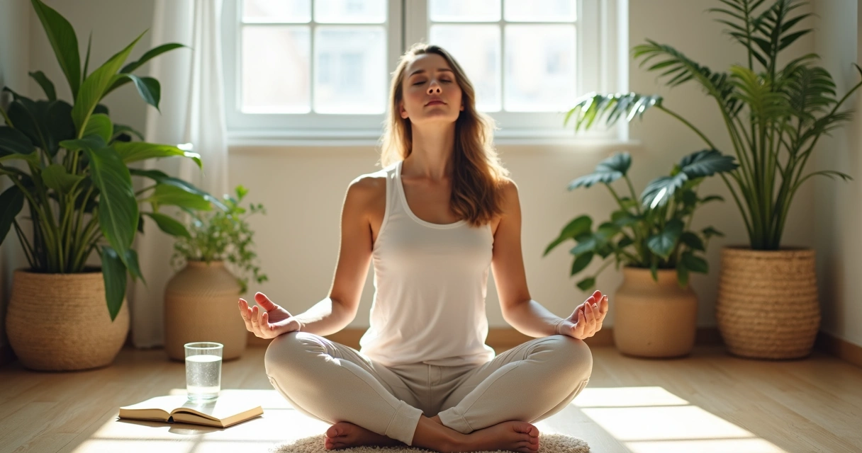 Mujer sentada, meditando durante un ayuno intermitente