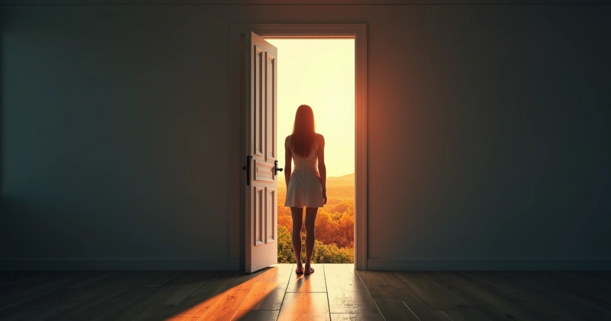 Mujer mirando una puerta abierta hacia un paisaje diferente