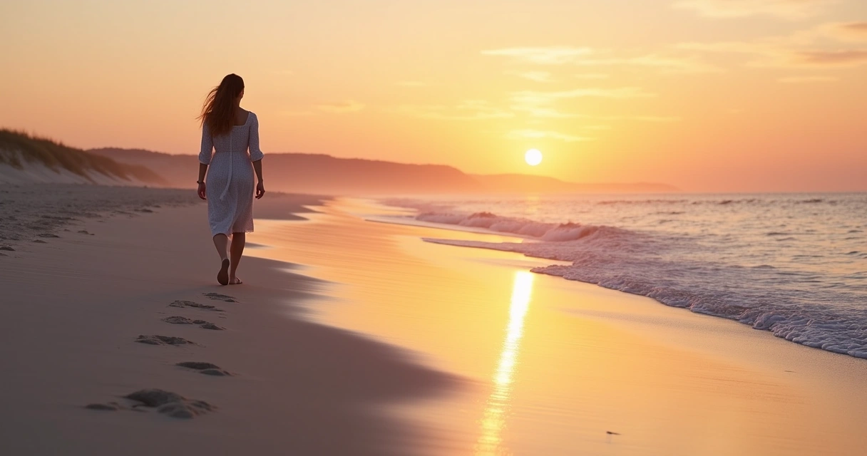Mujer caminando sola por la playa al amanecer