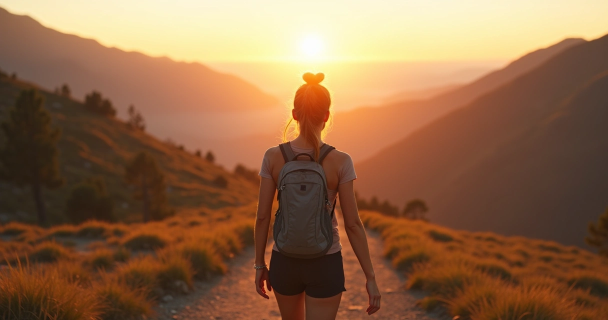 Mujer caminando en montaña rodeada de naturaleza 