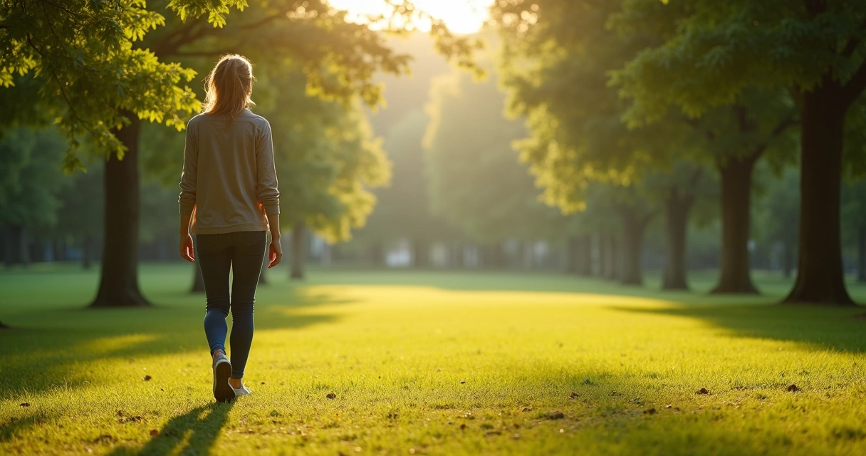 Mujer caminando en un parque con árboles verdes y luz de mañana.