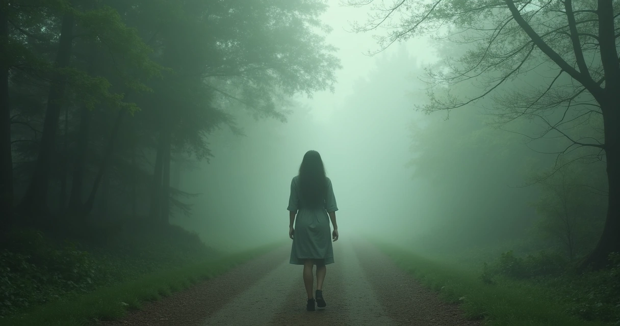 Mujer caminando un sendero en bosque con niebla suave 