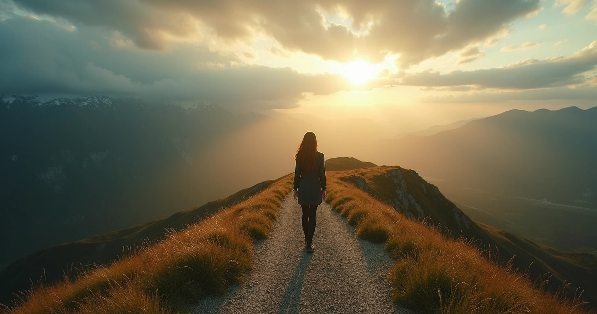 Mujer caminando en un sendero hacia las montañas, con luz al fondo 