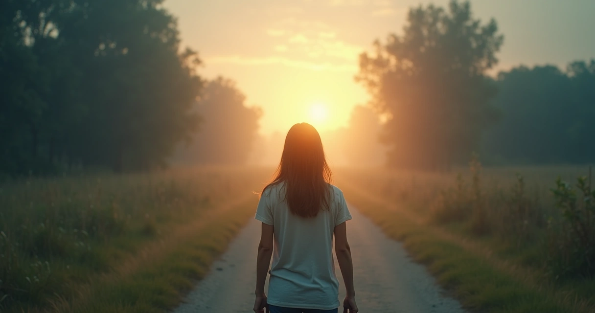 Mujer en un camino luminoso con sombras detrás simbolizando dolores emocionales 