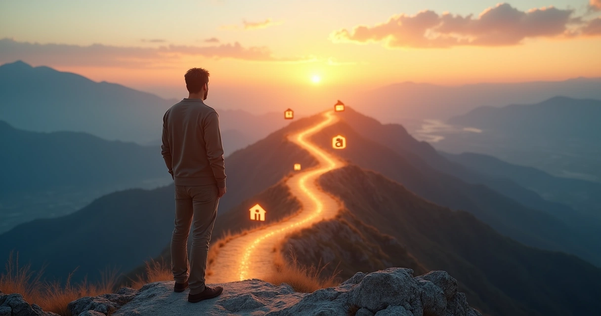 Persona mirando un camino de montaña con flechas hacia diferentes metas 