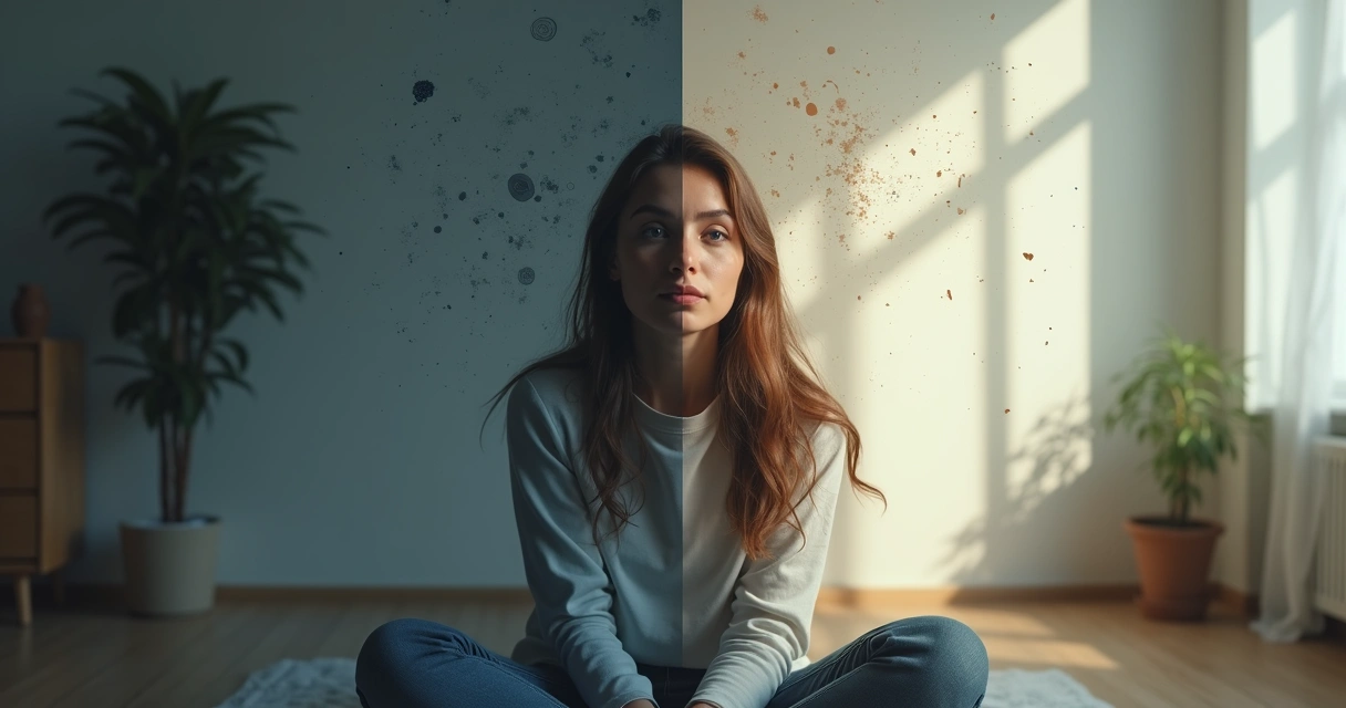 Mujer pensativa dividida entre caos mental y calma interior 