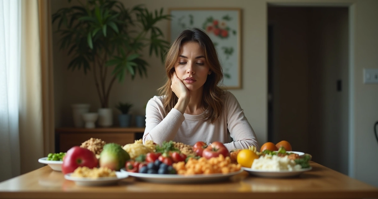 Mujer sentada sola mirando comida variada sobre la mesa 