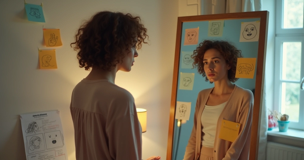 Mujer confundida observando gestos faciales en espejo 