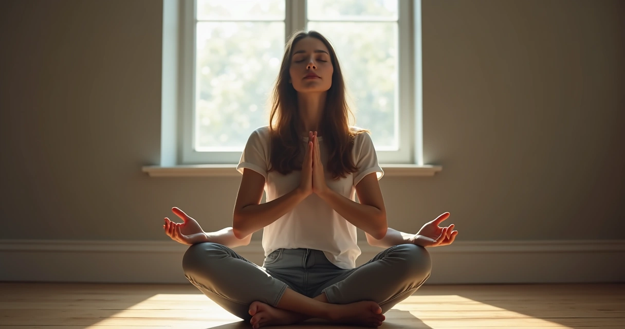 Mujer sentada con los ojos cerrados enfocada en su respiración.