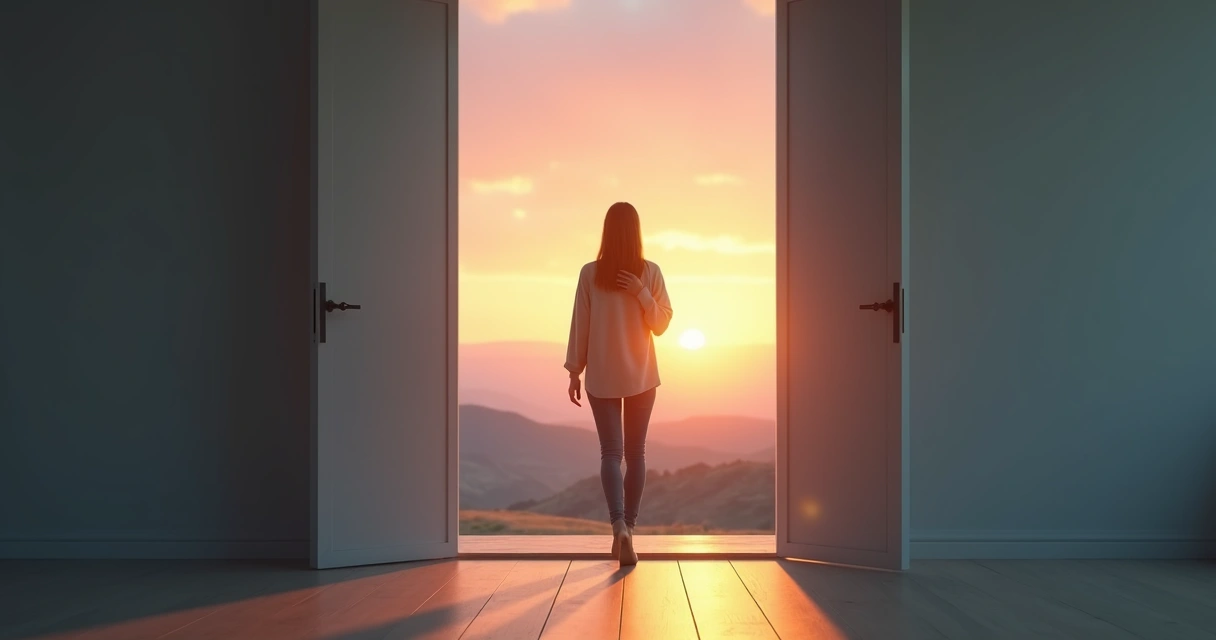 Mujer cruzando una puerta luminosa hacia un paisaje colorido 