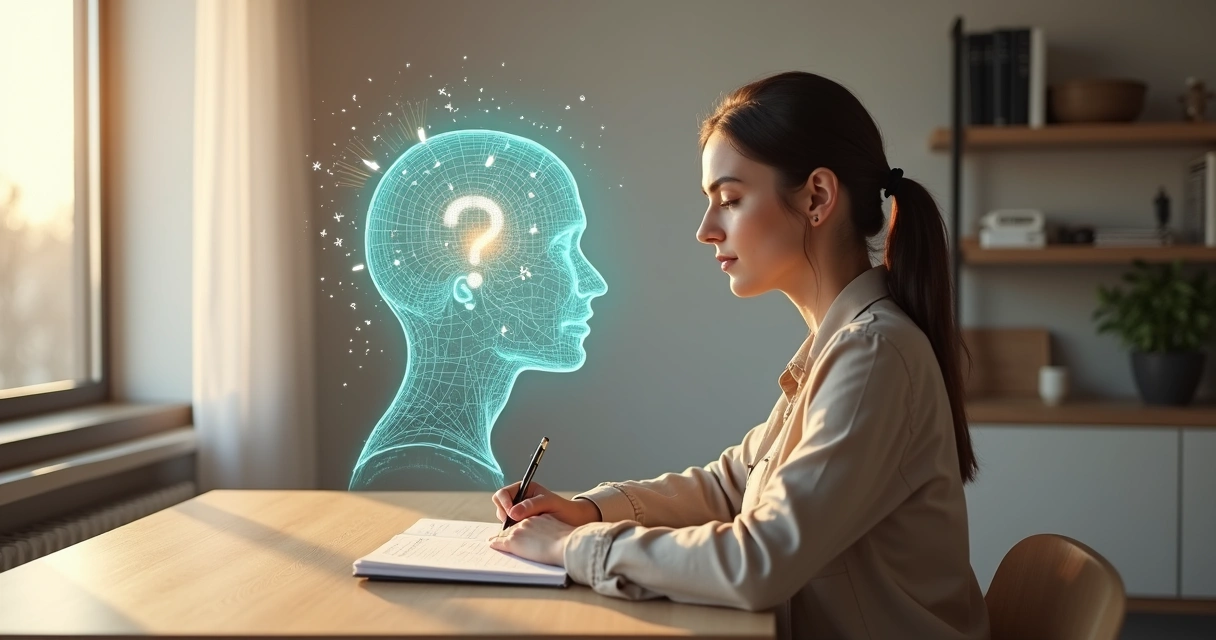 Mujer mirando un laberinto mental iluminado mientras cuestiona sus creencias 