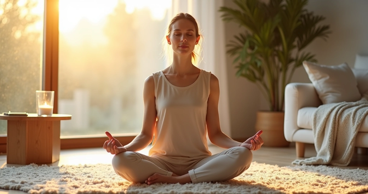 Mujer sentada meditando al amanecer en una sala tranquila 