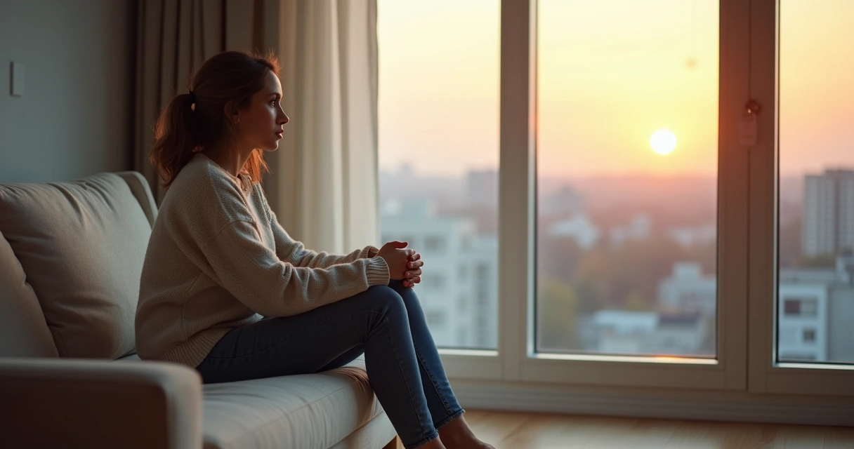 Mujer pensativa mirando por la ventana entre sombras y luz 