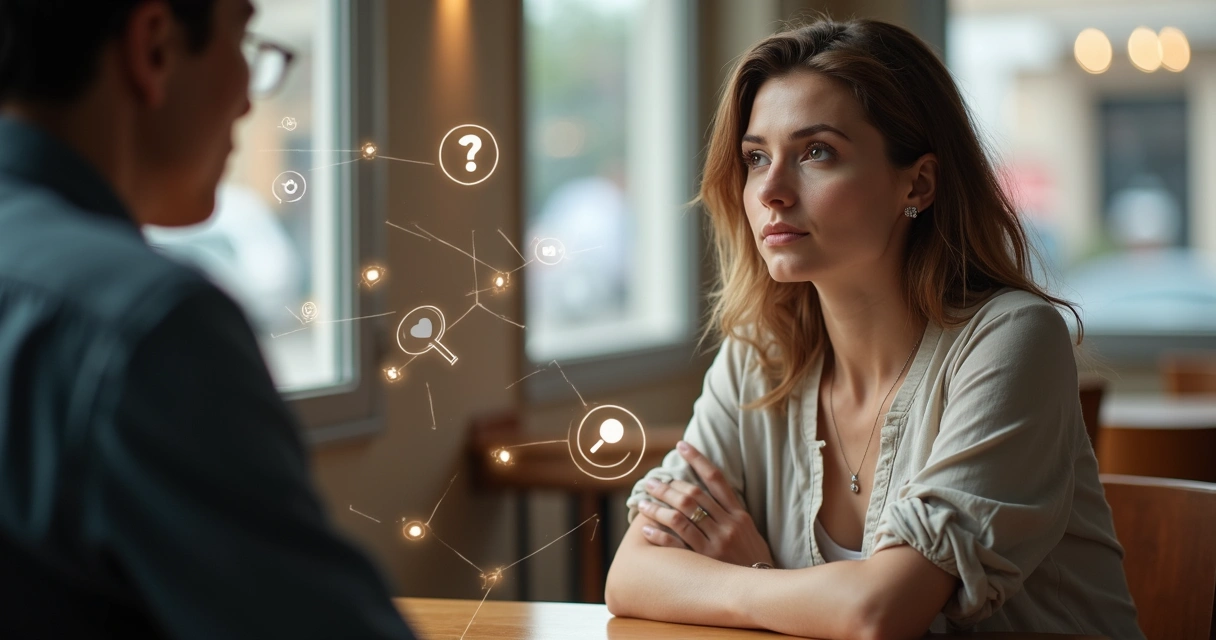 Mujer observando conversación con hilos sutiles sobre su hombro 
