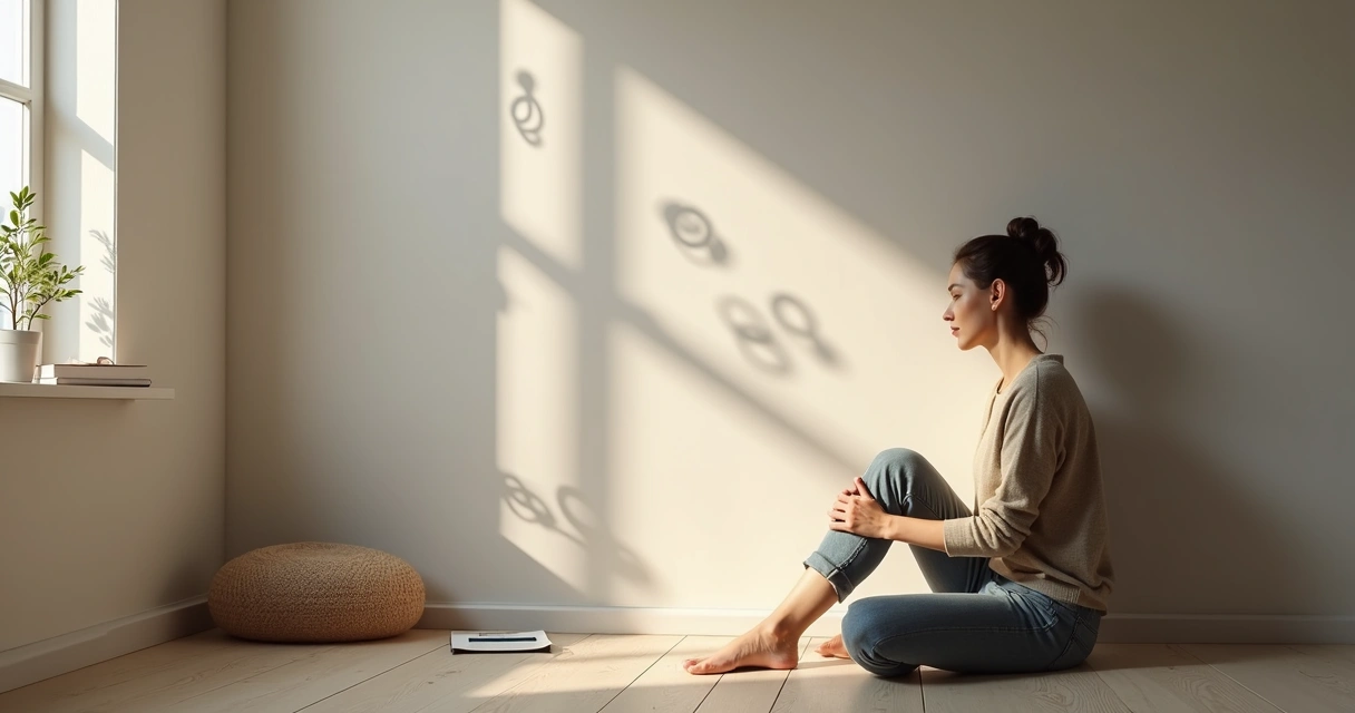 Mujer reflexionando frente a su sombra interior en un entorno sereno 