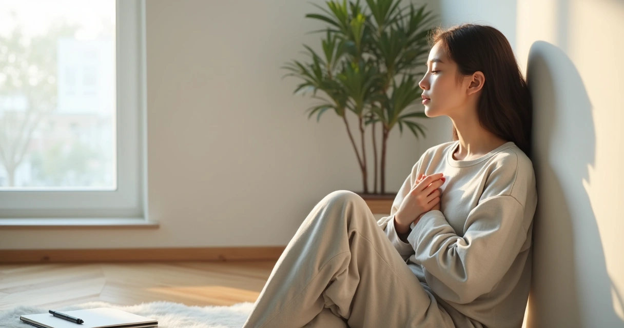 Mujer sentada en el suelo apoyada en la pared cerca de una ventana con expresión serena y gesto de reflexión 