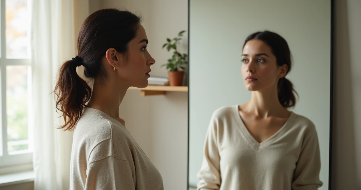 Mujer adulta mirando su reflejo en el espejo con expresión reflexiva 