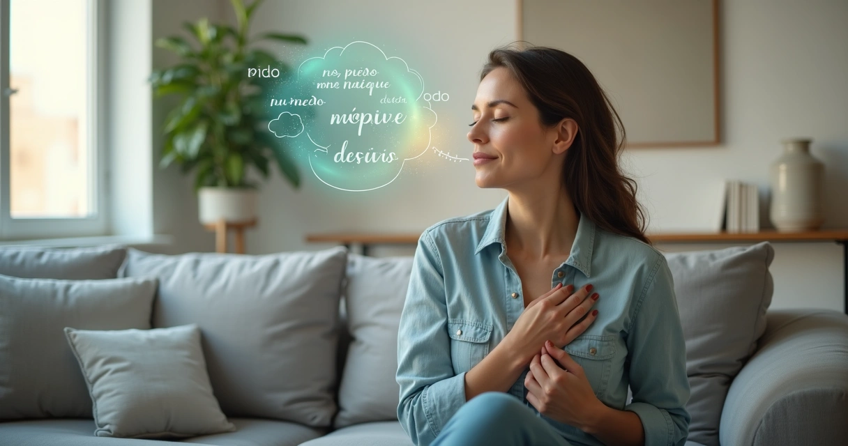 Mujer con ojos cerrados transformando pensamientos negativos en positivos 