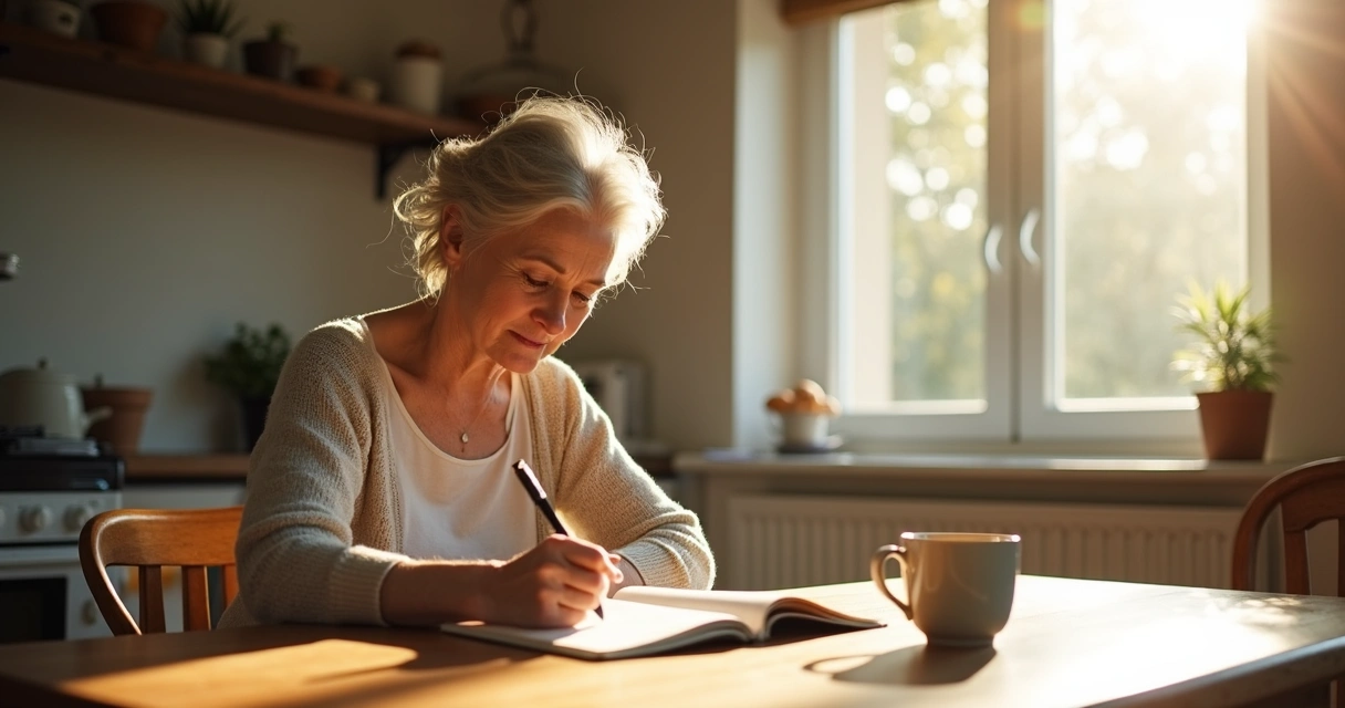 Mujer adulta escribiendo en un diario reflexionando en la mesa junto a una planta