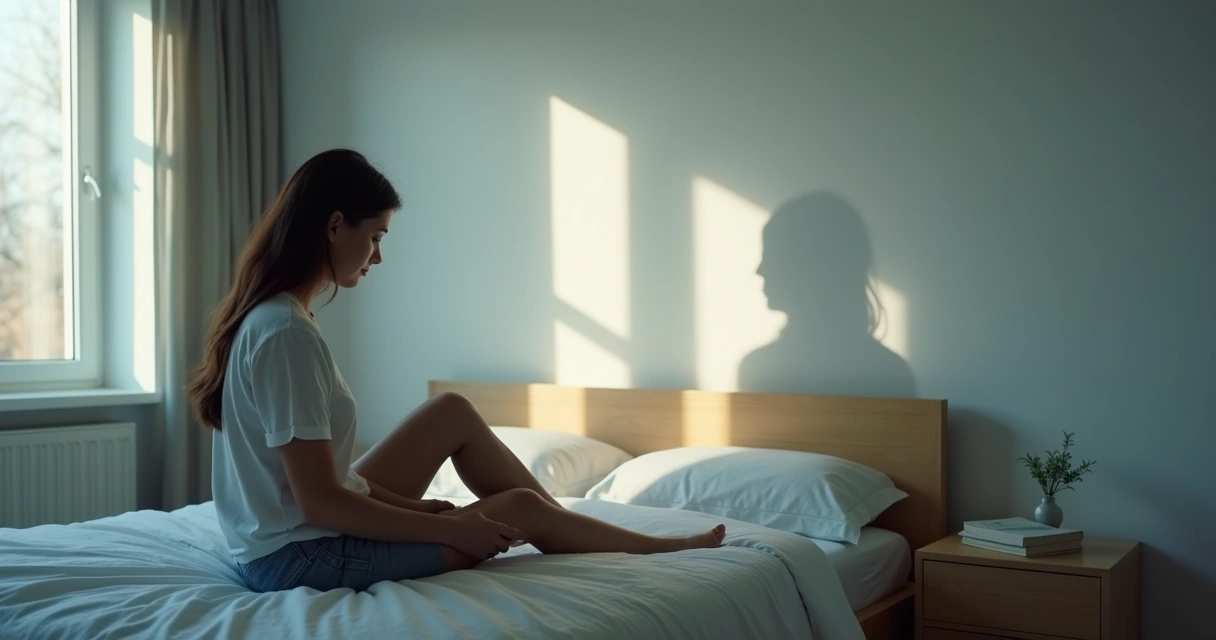 Mujer sentada con sombra fragmentada representando disociación emocional 