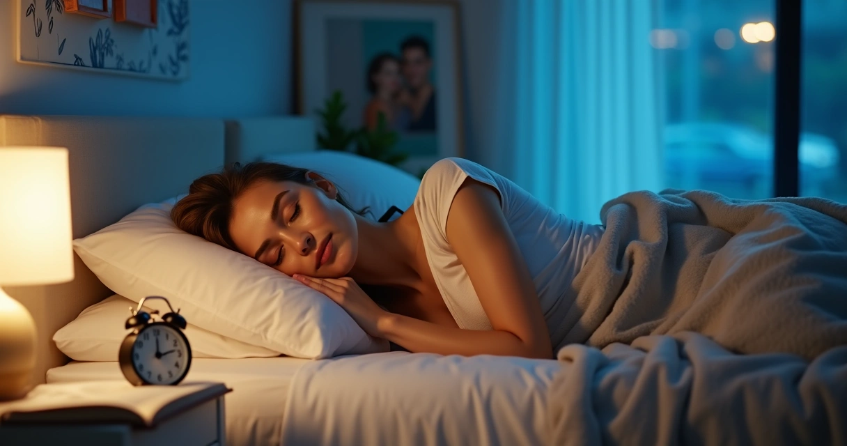 Mujer durmiendo profundamente en una habitación oscura y tranquila 