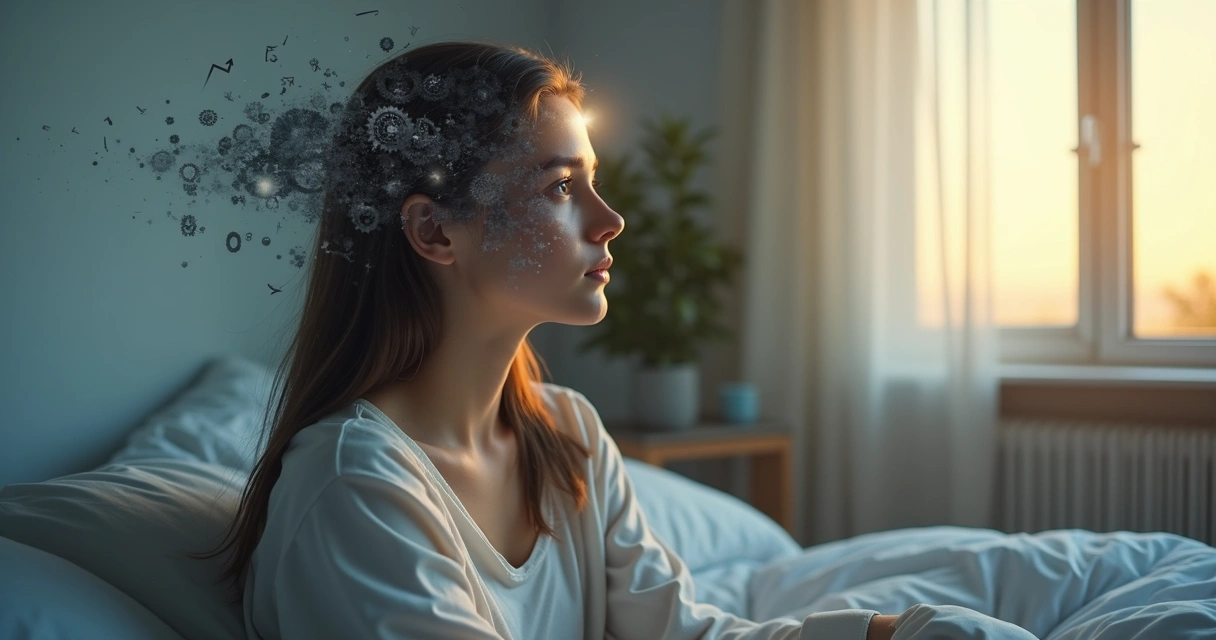 Mujer sentada con doble exposición de engranajes mentales y luz consciente 