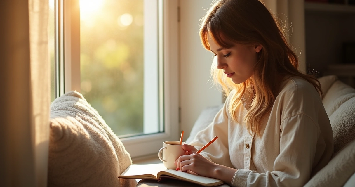 Mujer joven escribe reflexiones en un diario, sentada junto a una ventana 