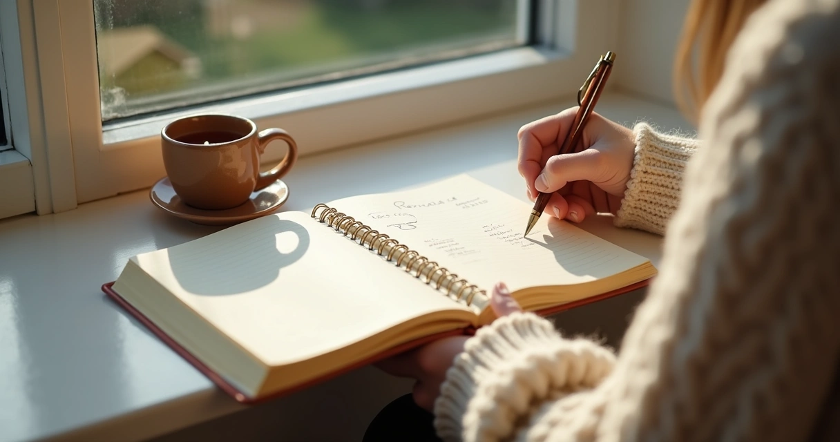 Persona escribiendo en un diario junto a una taza de té