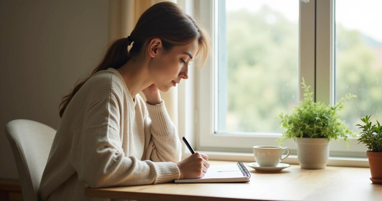 Mujer escribiendo en un cuaderno junto a una ventana