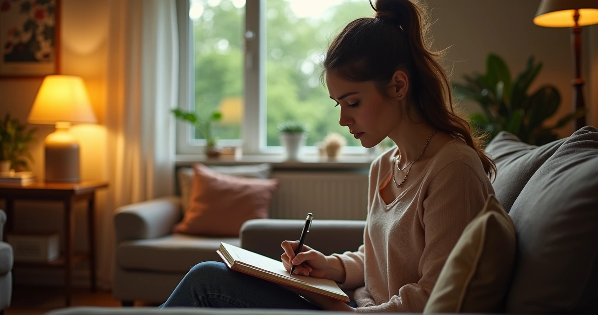 Mujer sentada escribiendo en un diario emocional en su salón 
