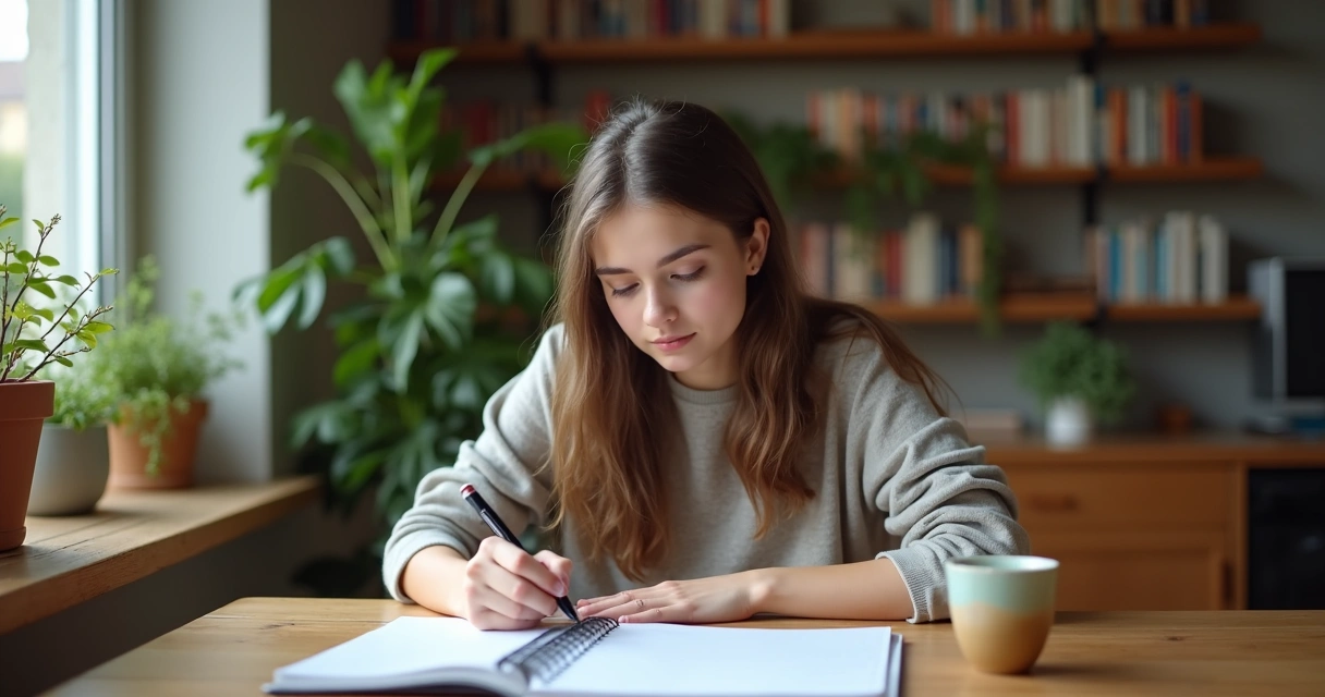 Mujer sentada escribiendo en un diario sobre formación de hábitos 