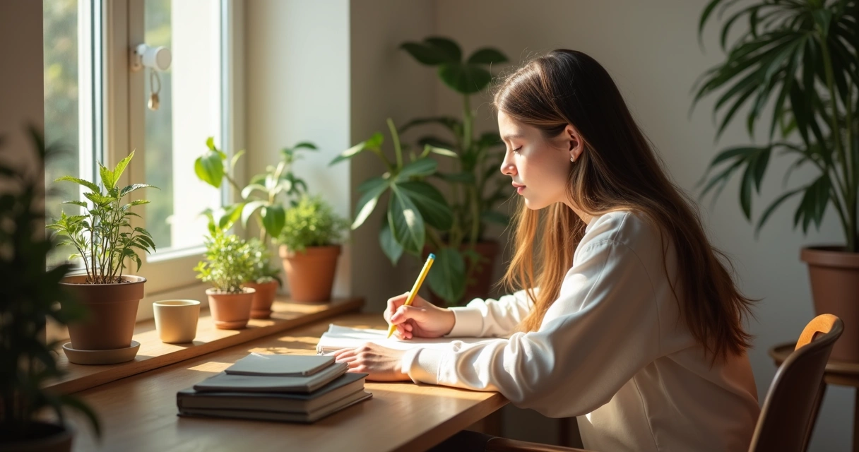 Mujer escribiendo en un diario sobre su propósito personal 