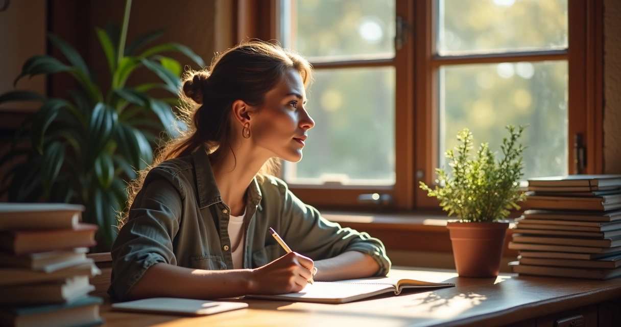 Mujer reflexionando y escribiendo en un cuaderno 