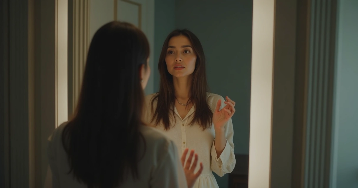 Mujer se observa en el espejo en actitud reflexiva 
