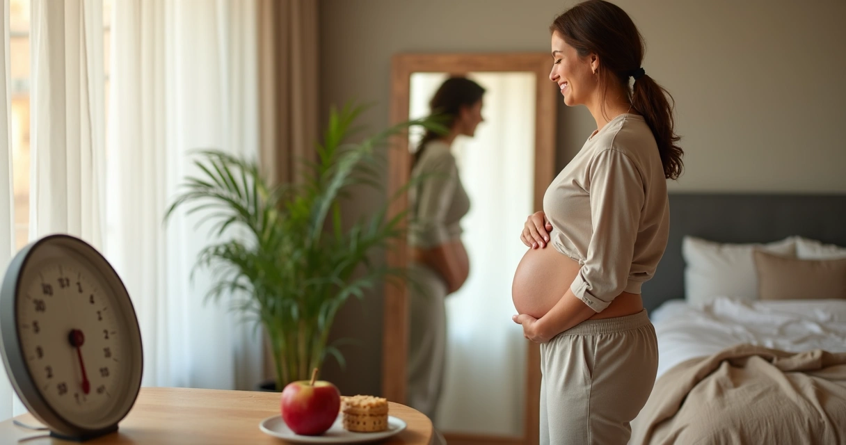 Mujer madura frente al espejo dejando la balanza y la comida dietética para abrazar su cuerpo con serenidad 
