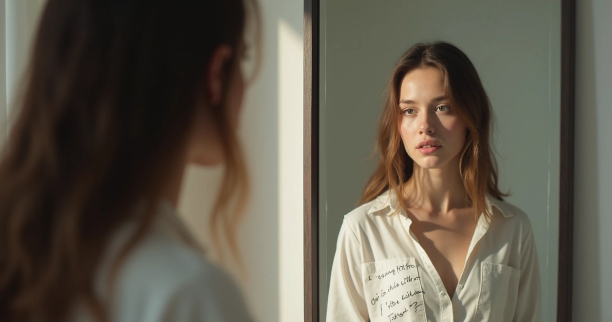 Mujer frente a espejo reflexionando sobre su reflejo 