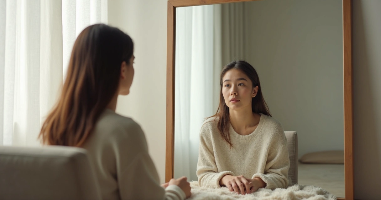 Mujer mirando su propio reflejo en un espejo