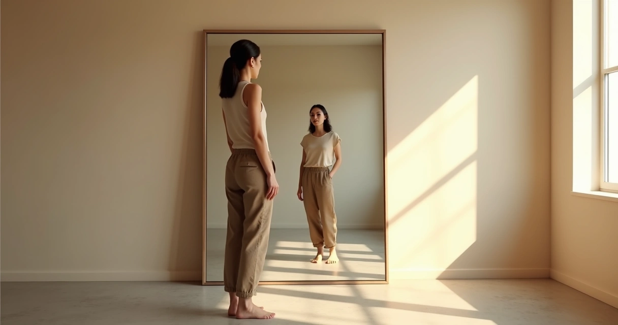 Mujer frente a espejo observando su reflejo y su sombra en equilibrio 
