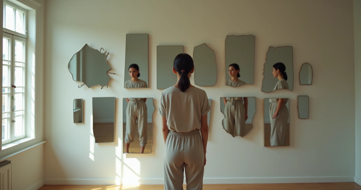 Mujer observando su reflejo fragmentado en varios espejos 