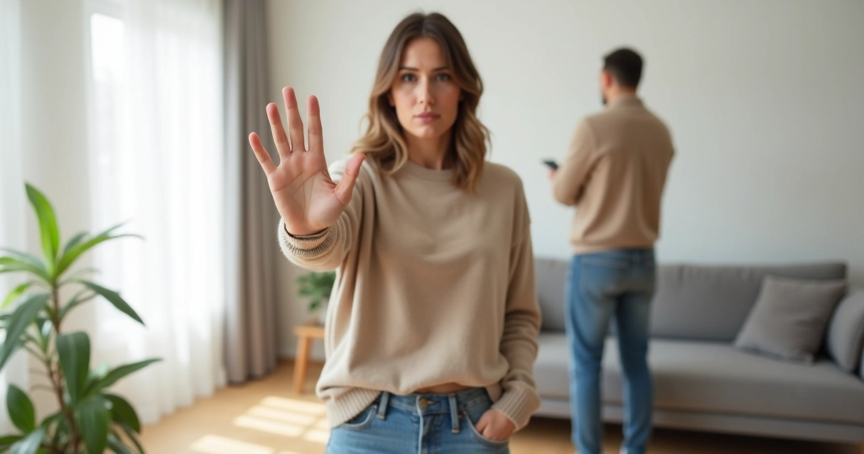 Mujer adulta con gesto sereno levantando la mano marcando un límite personal 