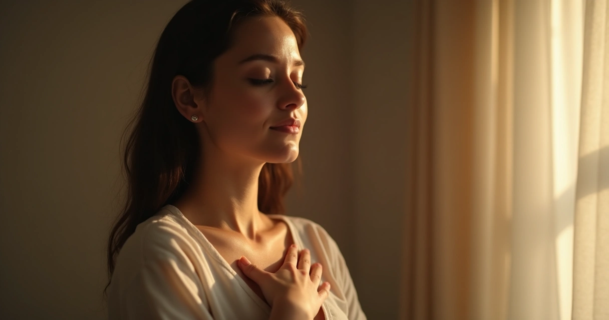 Mujer de pie tocando su pecho, ojos cerrados, mostrando introspección emocional 