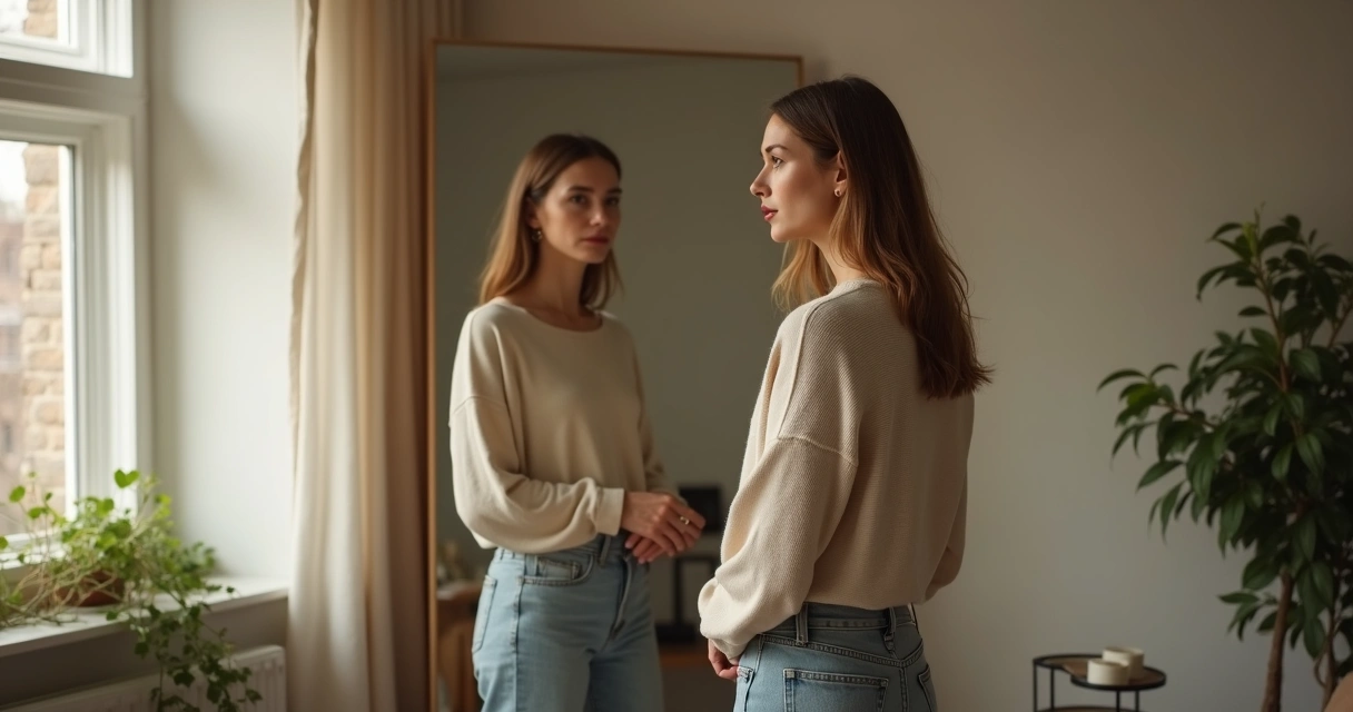 Mujer frente a un espejo con doble reflejo confuso 