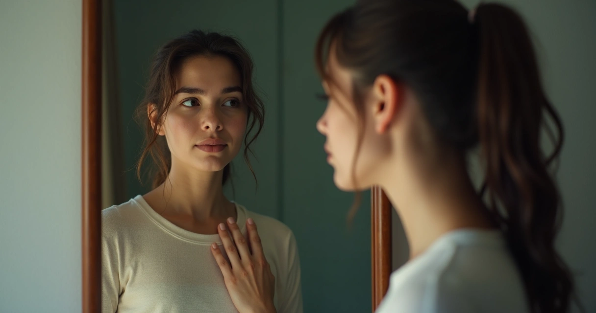 Mujer seria observando su reflejo en el espejo 