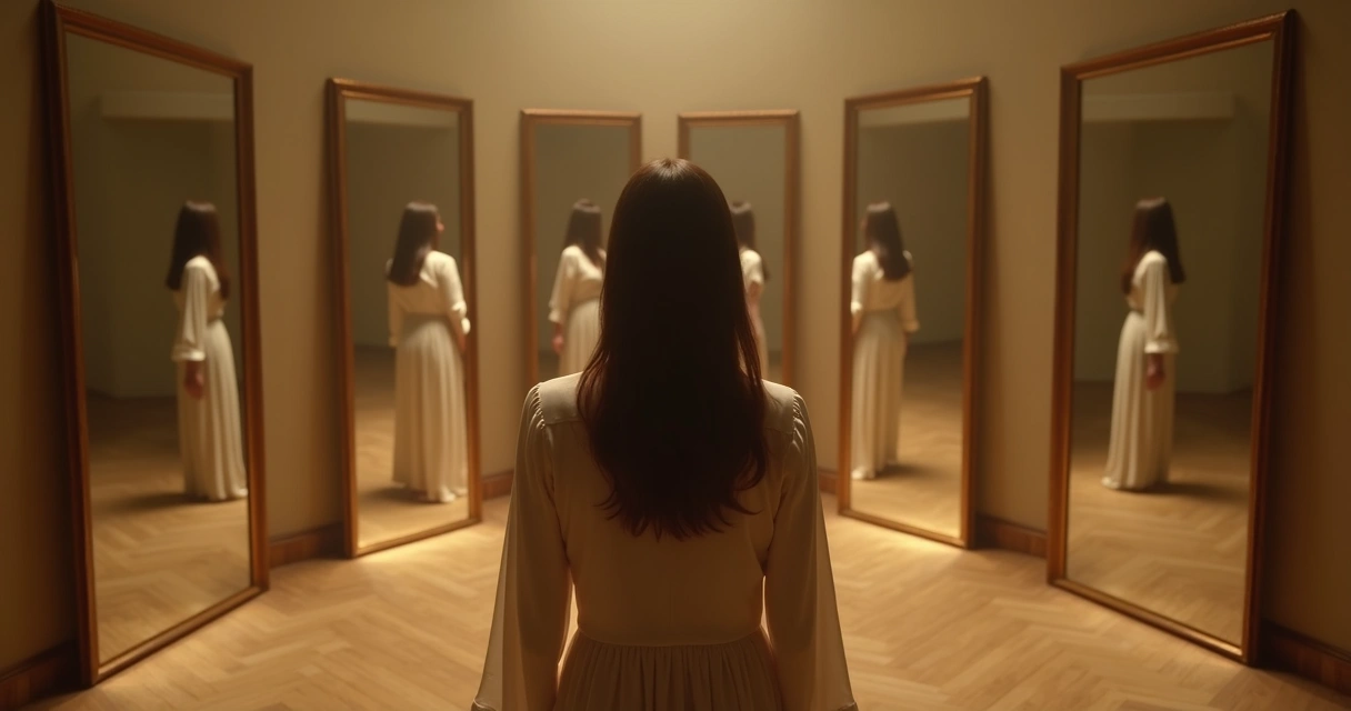 Mujer observando múltiples reflejos en espejos formando un sistema conectado 