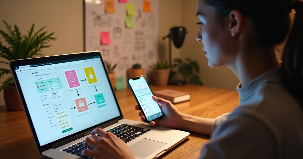 Joven diseñando app móvil en laptop con interfaz IA 