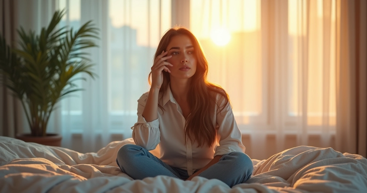 Mujer reflexionando con siluetas mentales positivas y negativas en contraste 